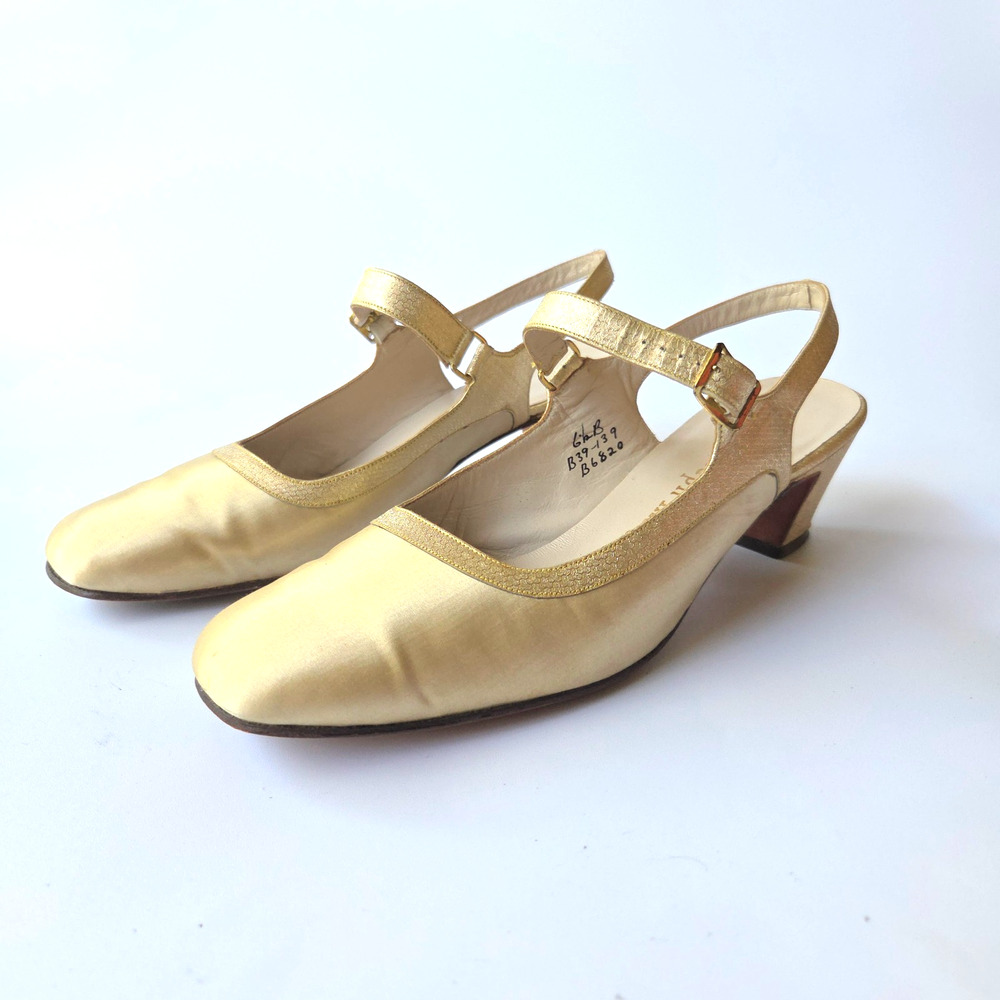 Vintage 60s Gold Kitten Heels Size 6.5 Strappy Dan Berk Joseph Magnin Retro - Picture 2 of 8